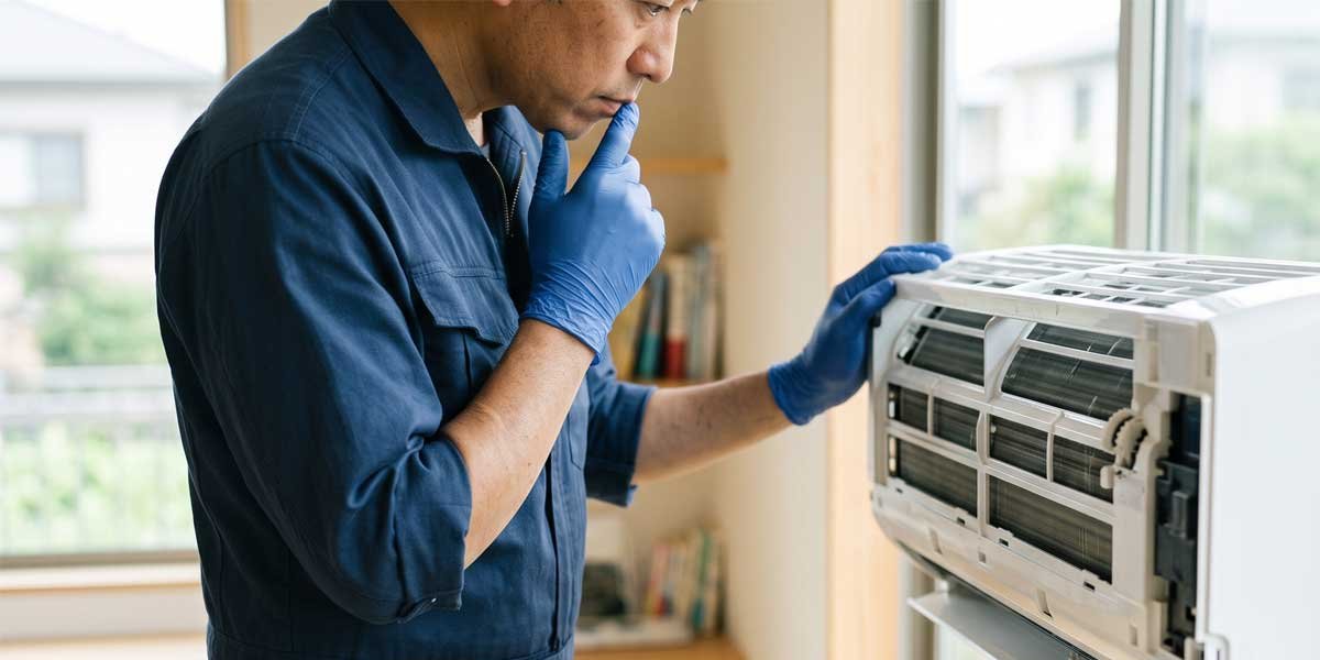 前面パネルを外したお掃除機能付きエアコンの内部を慎重に確認する作業スタッフ