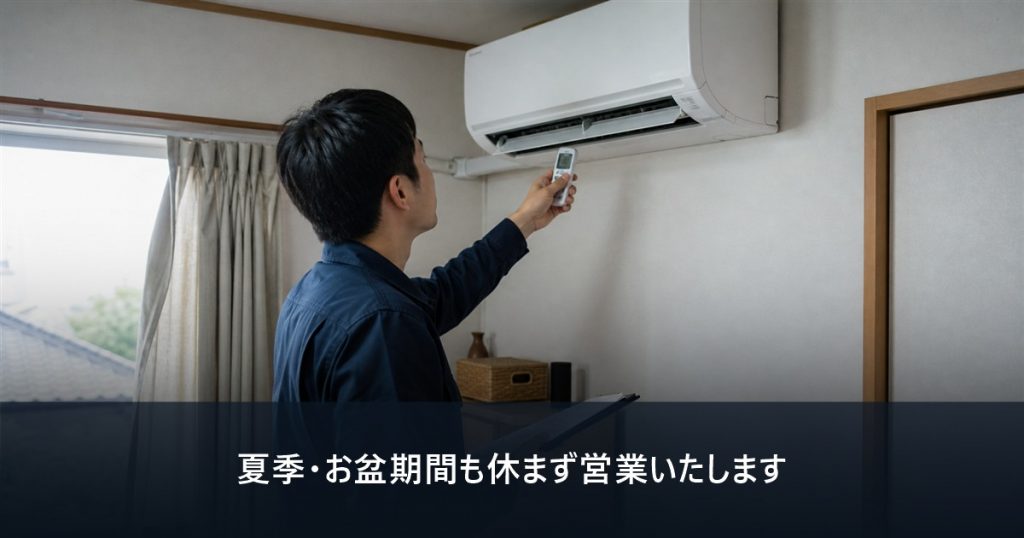 夏季・お盆期間の営業案内と、住宅でエアコンの冷房状態を確認する作業スタッフ
