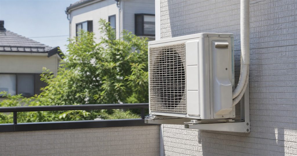 強い夏の日差しを受ける住宅のエアコン室外機