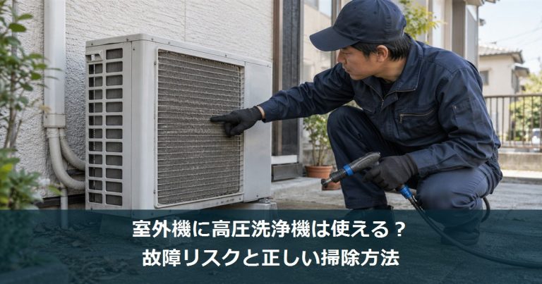 室外機のアルミフィンを点検するエアコンクリーニング作業員